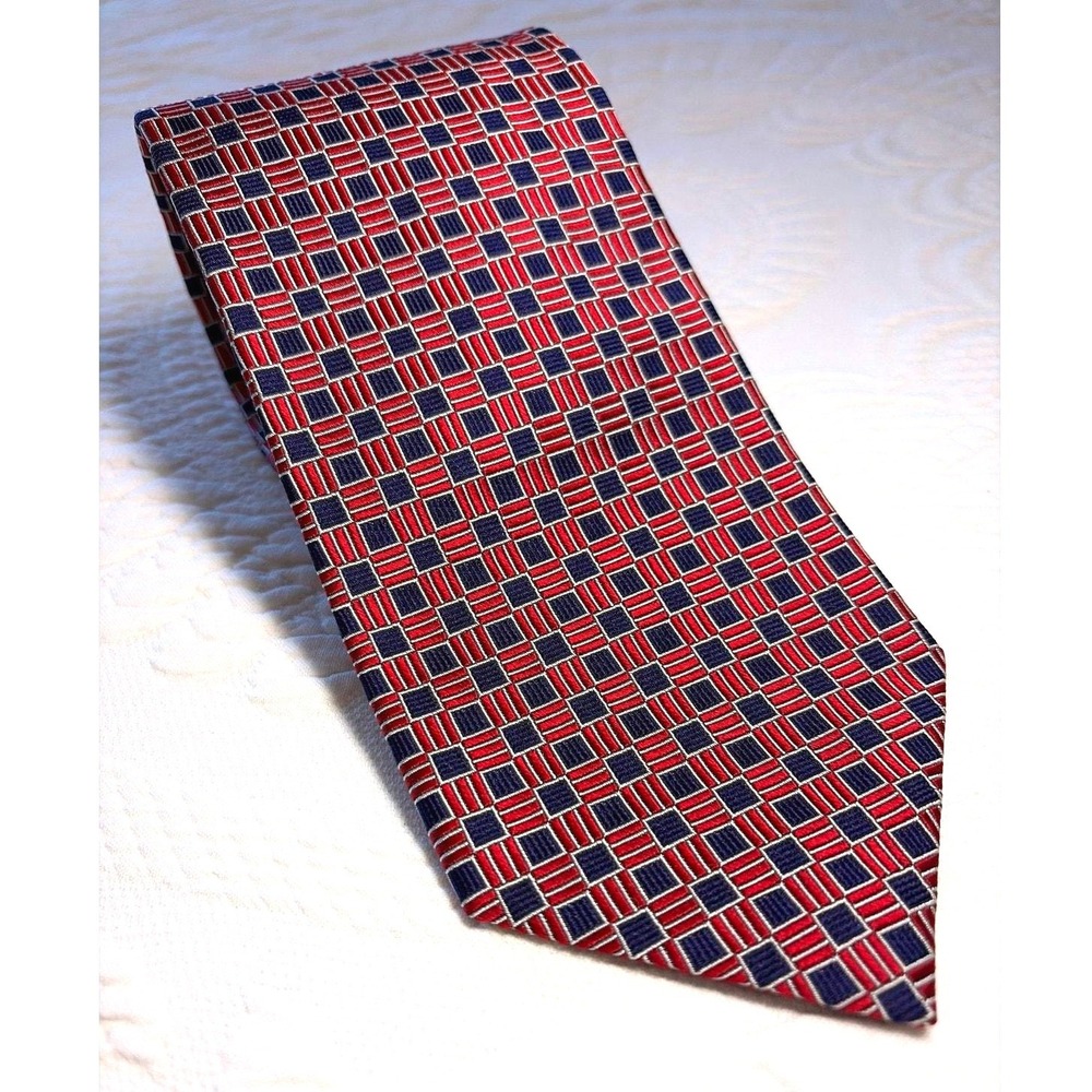 Jos A Bank 100% Silk Tie Red‎ Blue Geometric Check Squares Made USA Wide Vintage